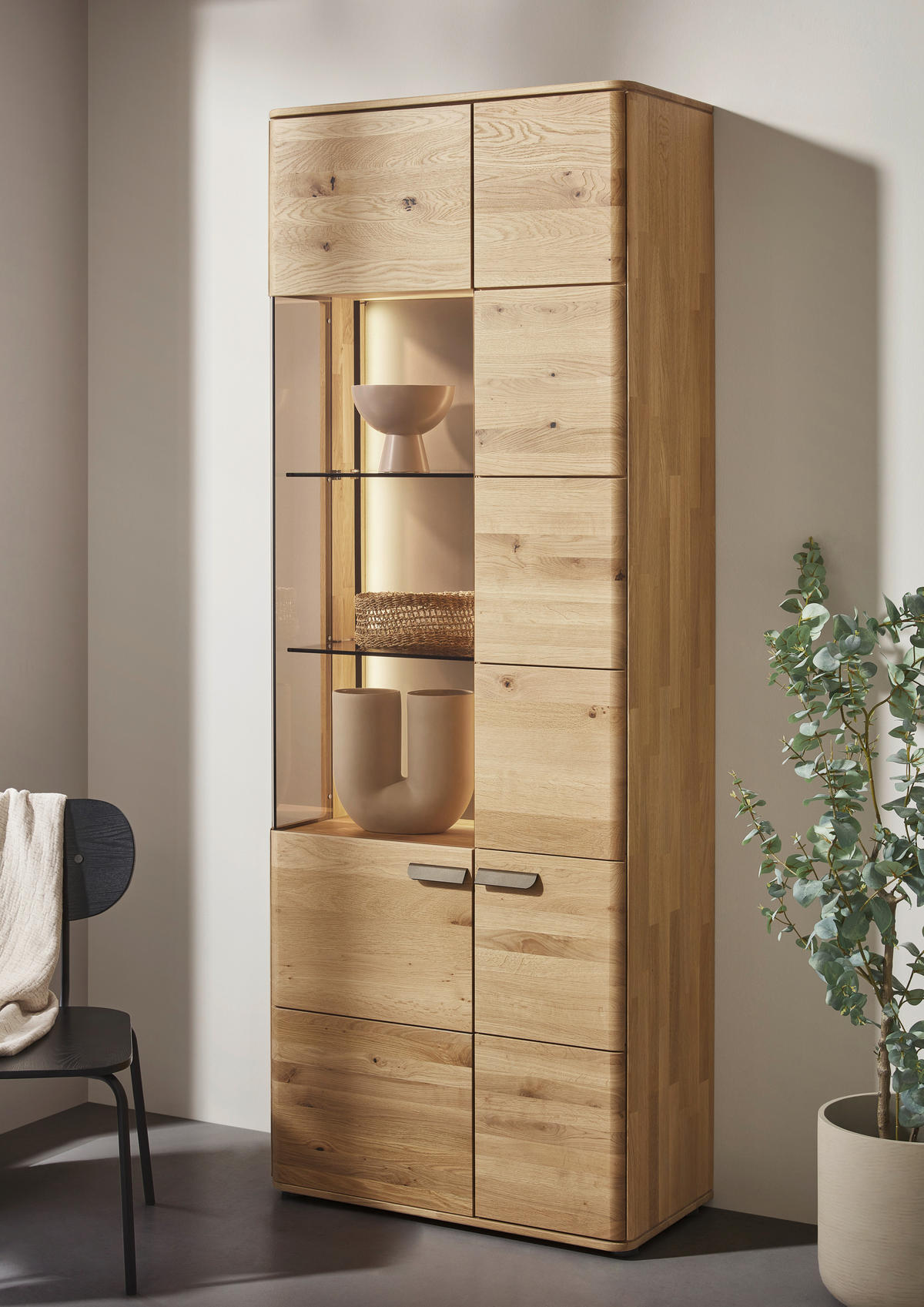 VITRINE  in massiv Wildeiche Wildeiche - Wildeiche/Schwarz, Natur, Glas/Holz (76,9/207/37,1cm) - Valnatura