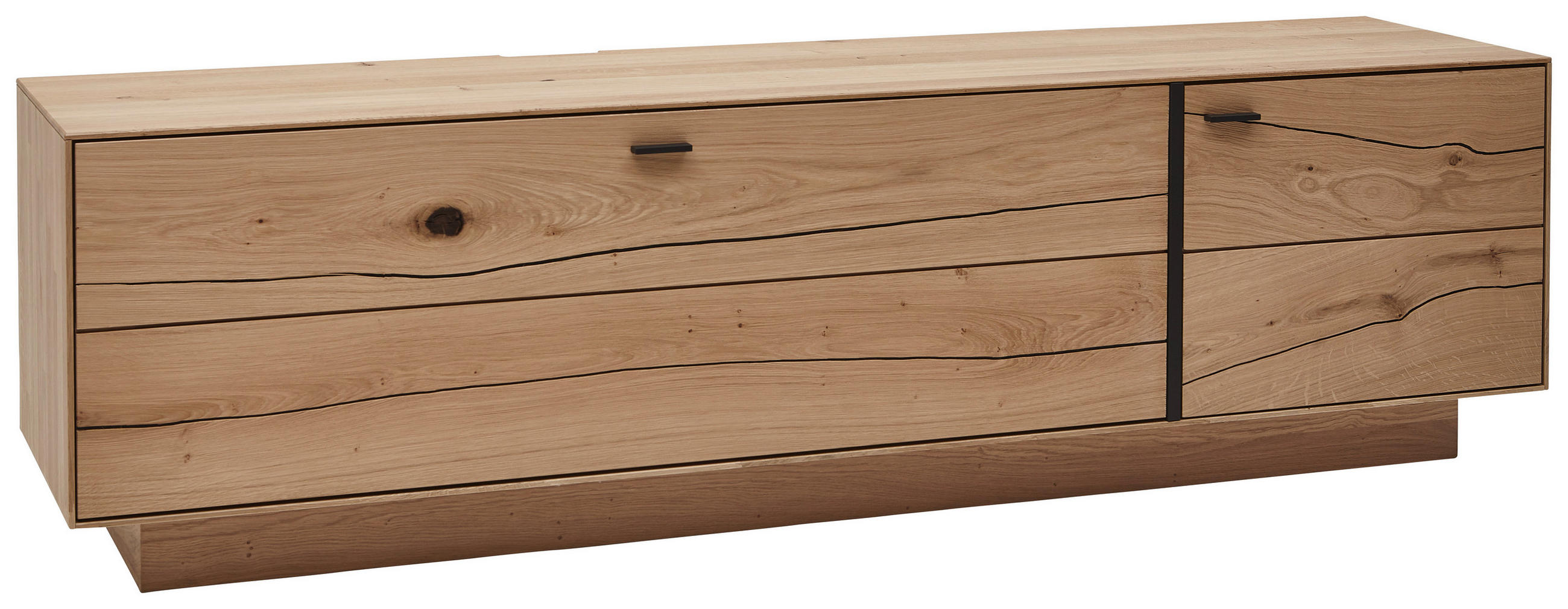 LOWBOARD Wildeiche, Balkeneiche massiv Eichefarben - Eichefarben/Schwarz, Natur, Glas/Holz (201,9/57,5/49,7cm) - Valnatura