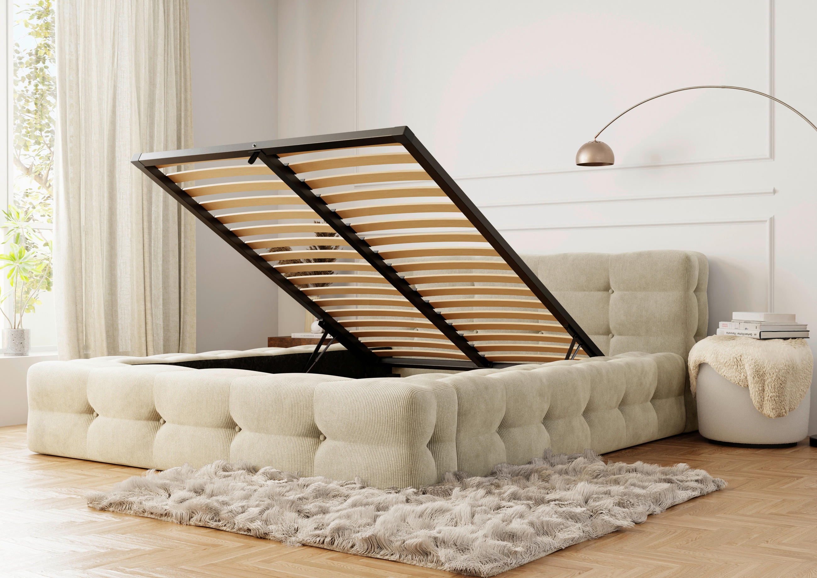 POLSTERBETT Lattenrost, Bettkasten 140/200 cm  in Beige  - Beige/Schwarz, Design, Holz/Textil (140/200cm) - Boxxx