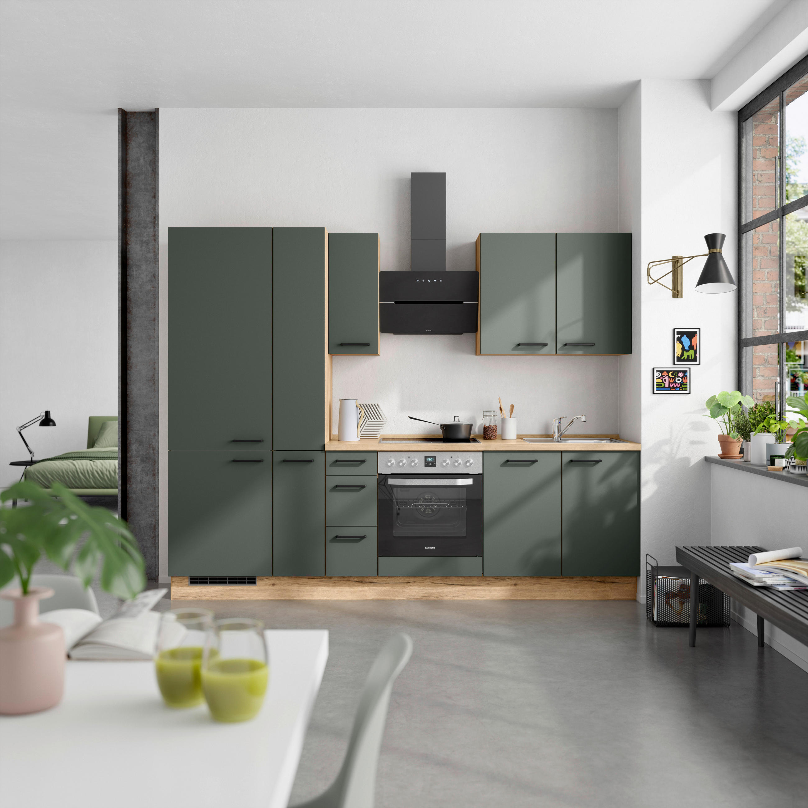 KÜCHENBLOCK Easytouch 270 cm  in Eichefarben, Dunkelgrün  - Dunkelgrün/Eichefarben, MODERN, Holzwerkstoff/Metall (270cm) - Nobilia