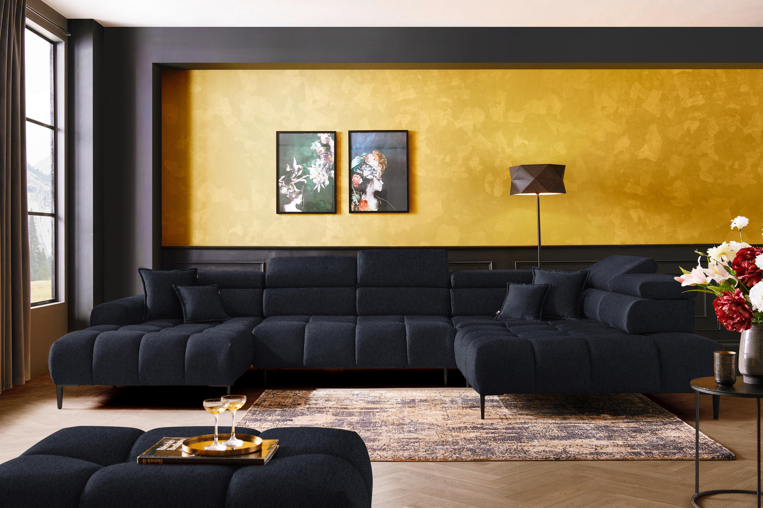 WOHNLANDSCHAFT in Webstoff Schwarz  - Schwarz, Design, Textil/Metall (177/385/216cm) - Welnova