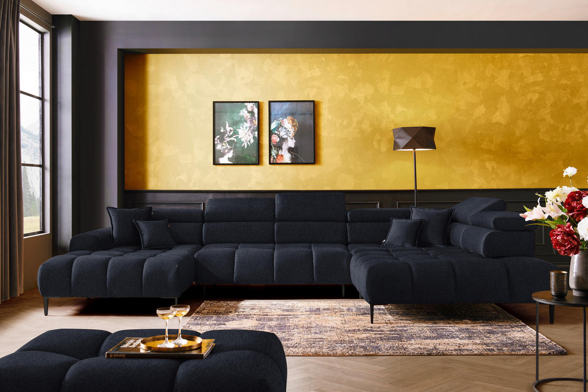 WOHNLANDSCHAFT in Webstoff Schwarz  - Schwarz, Design, Textil/Metall (177/385/216cm) - Welnova