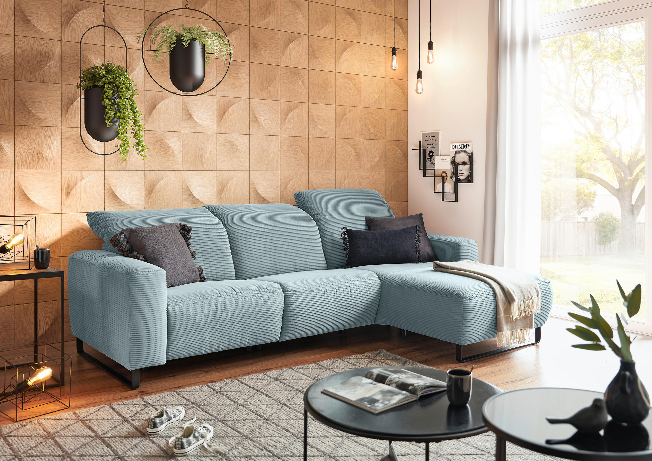 ECKSOFA Hellblau Cord  - Schwarz/Hellblau, KONVENTIONELL, Textil/Metall (266/180cm) - Hom`in
