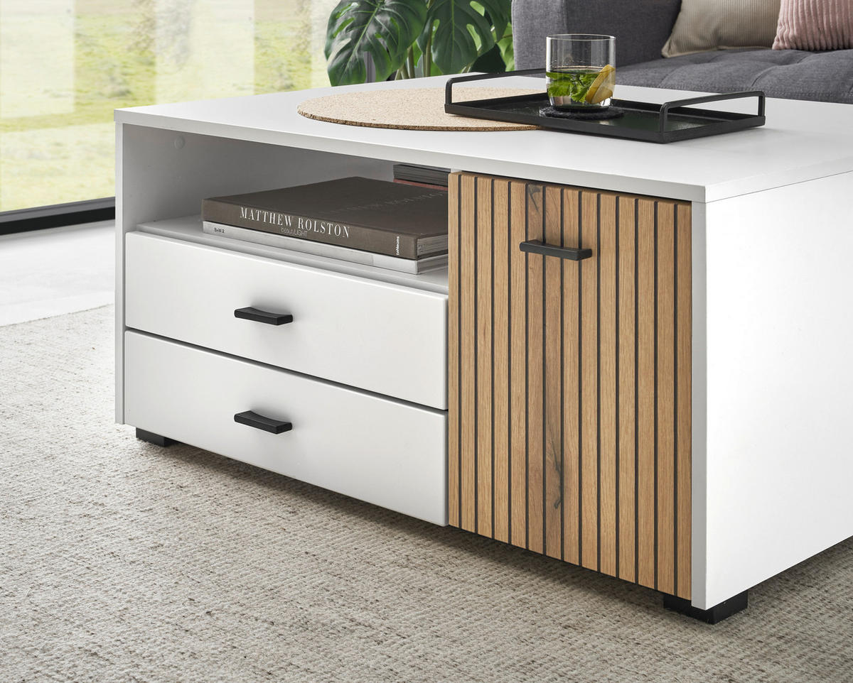 COUCHTISCH rechteckig Eichefarben, Weiß  - Eichefarben/Schwarz, Design, Holzwerkstoff/Metall (90/43/70cm) - MID.YOU