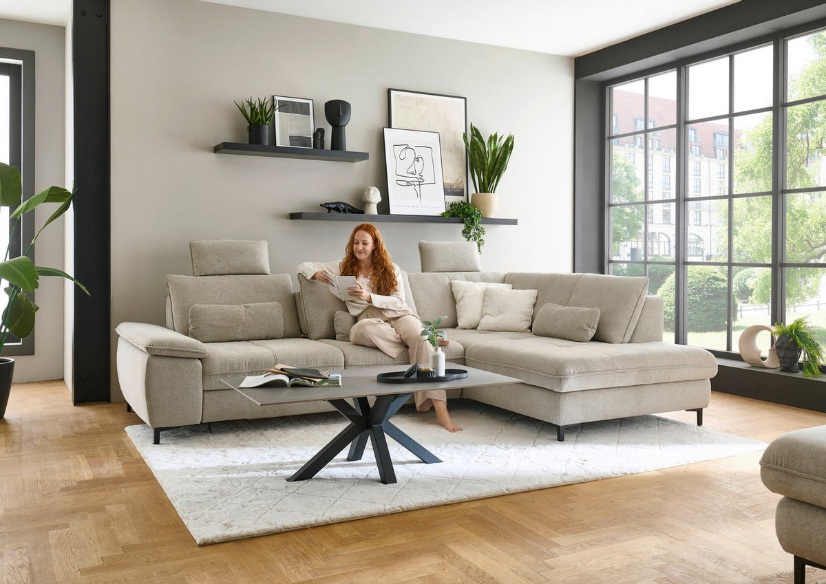 ECKSOFA Flachgewebe Sandfarben  - Sandfarben/Schwarz, Design, Textil/Metall (308/214cm) - Beldomo Speed