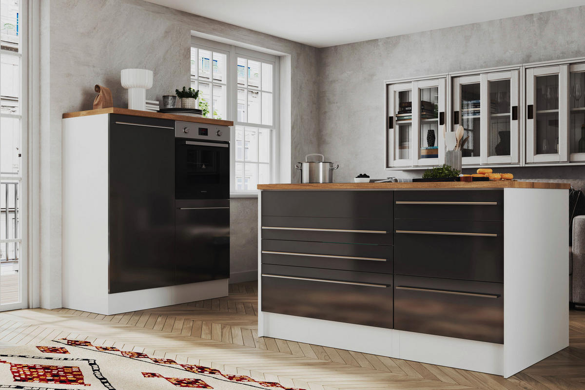 KÜCHENBLOCK 320-150 cm   in Grau Hochglanz  - Wildeiche/Edelstahlfarben, Design, Holzwerkstoff/Kunststoff (320-150cm) - Respekta