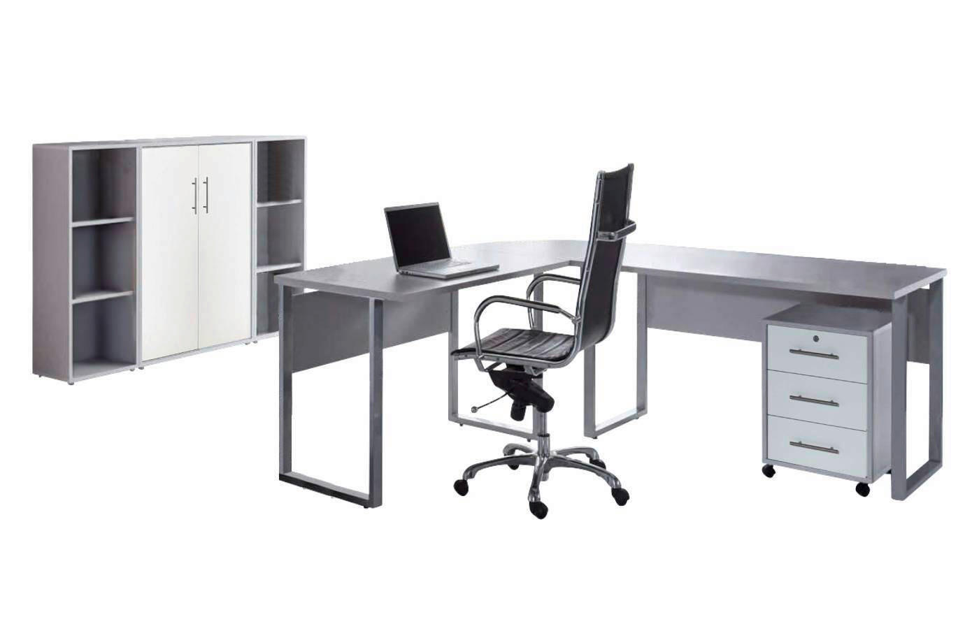 BÜRO erweiterbar, in verschiedenen Holz-Dekoren erhältlich, Schreibtisch seitenverkehrt montierbar, abschließbar Grau, Weiß - Weiß/Grau, MODERN - MID.YOU