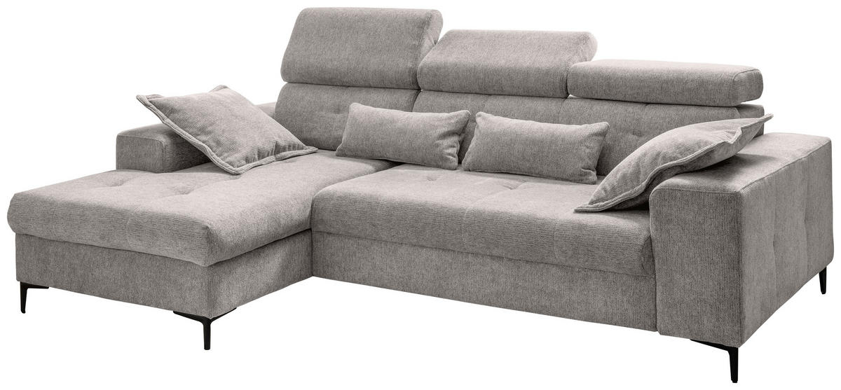 ECKSOFA NEAPEL Grau Chenille Schlaffunktion, Kopfteilverstellung, Sitzvorzug  - Schwarz/Grau, Basics, Textil/Metall (186/270cm) - Livetastic