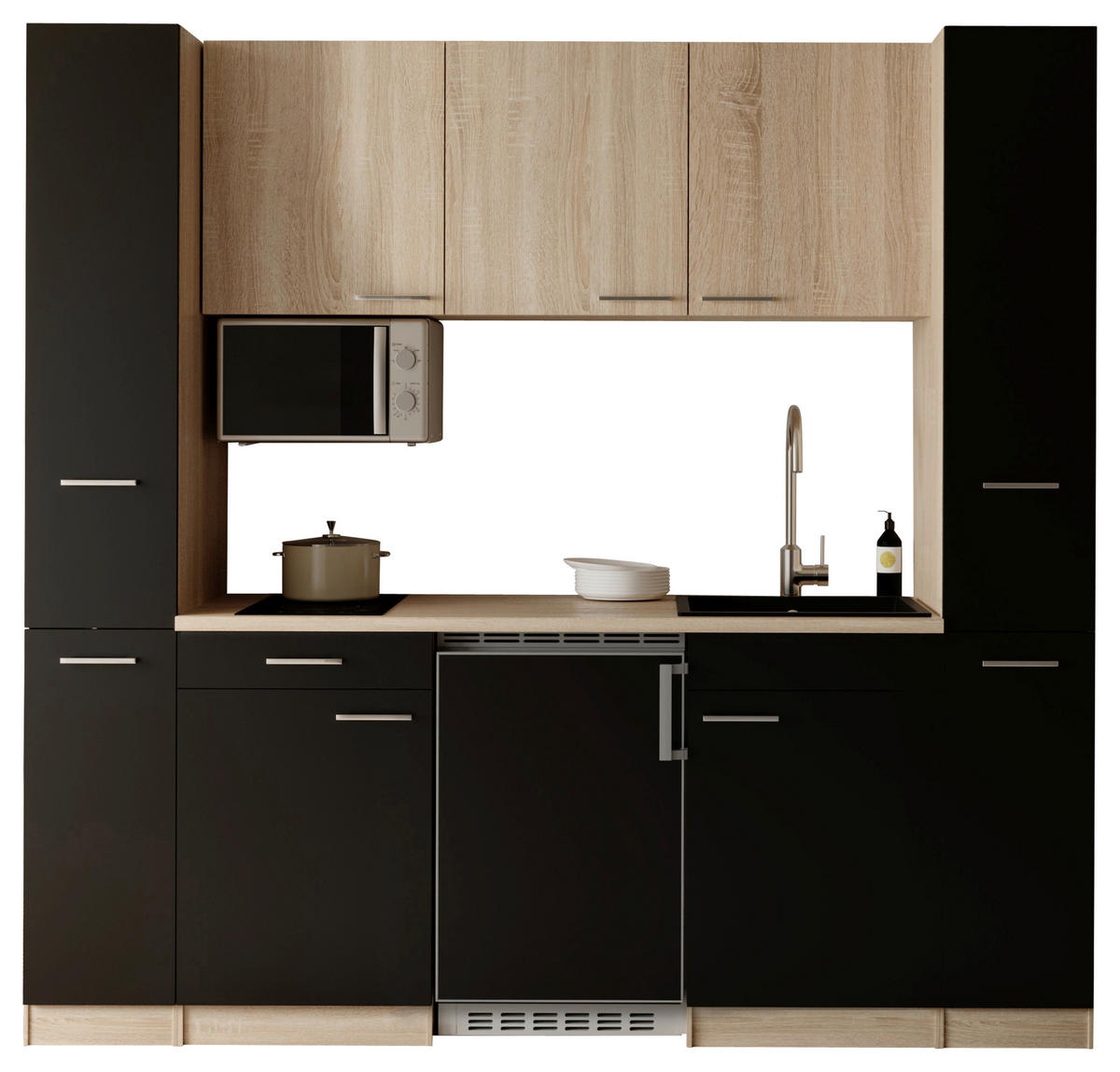 KÜCHENBLOCK Ingrid 210 cm  in Schwarz  - Eichefarben/Alufarben, Design, Holzwerkstoff/Kunststoff (210cm) - Respekta
