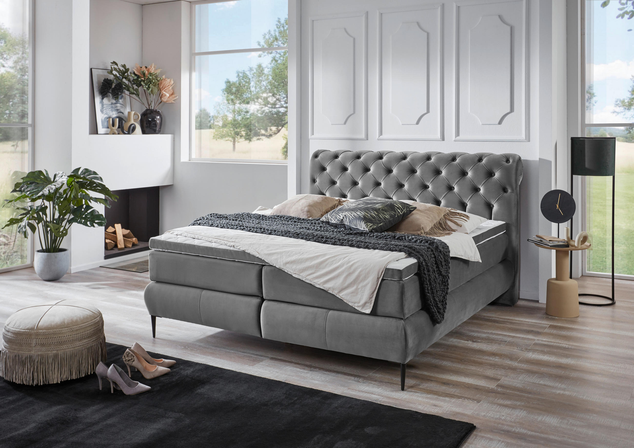 BOXSPRINGBETT 180/200 cm  in Dunkelgrau  - Dunkelgrau/Silberfarben, MODERN, Kunststoff/Textil (180/200cm) - MID.YOU