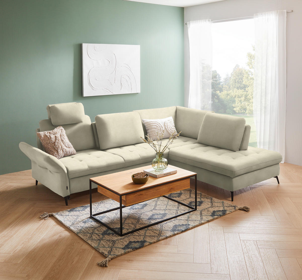 ECKSOFA in Flachgewebe Creme  - Creme/Schwarz, Natur, Textil/Metall (288/233cm) - Valnatura