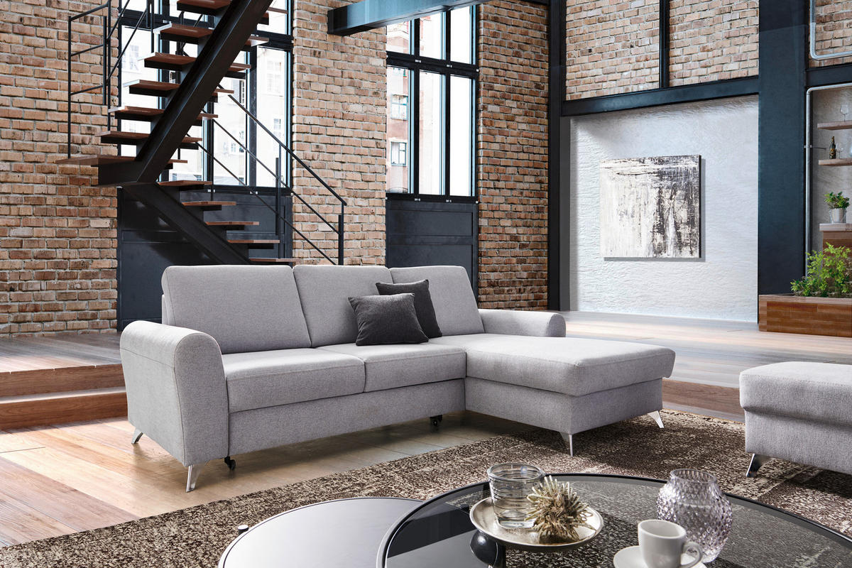 ECKSOFA in Flachgewebe Hellgrau  - Silberfarben/Hellgrau, Design, Textil/Metall (167/244cm) - Cantus