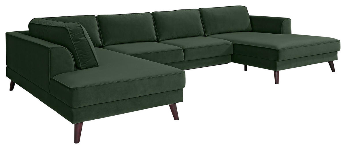WOHNLANDSCHAFT Dunkelgrün Velours  - Wengefarben/Dunkelgrün, MODERN, Holz/Textil (201/348/169cm) - Trendmanufaktur