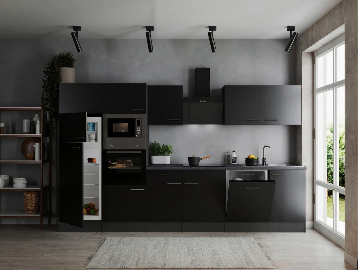 KÜCHENBLOCK 340 cm   in Grau, Schwarz  - Silberfarben/Schwarz, Design, Holzwerkstoff/Metall (340cm) - Respekta