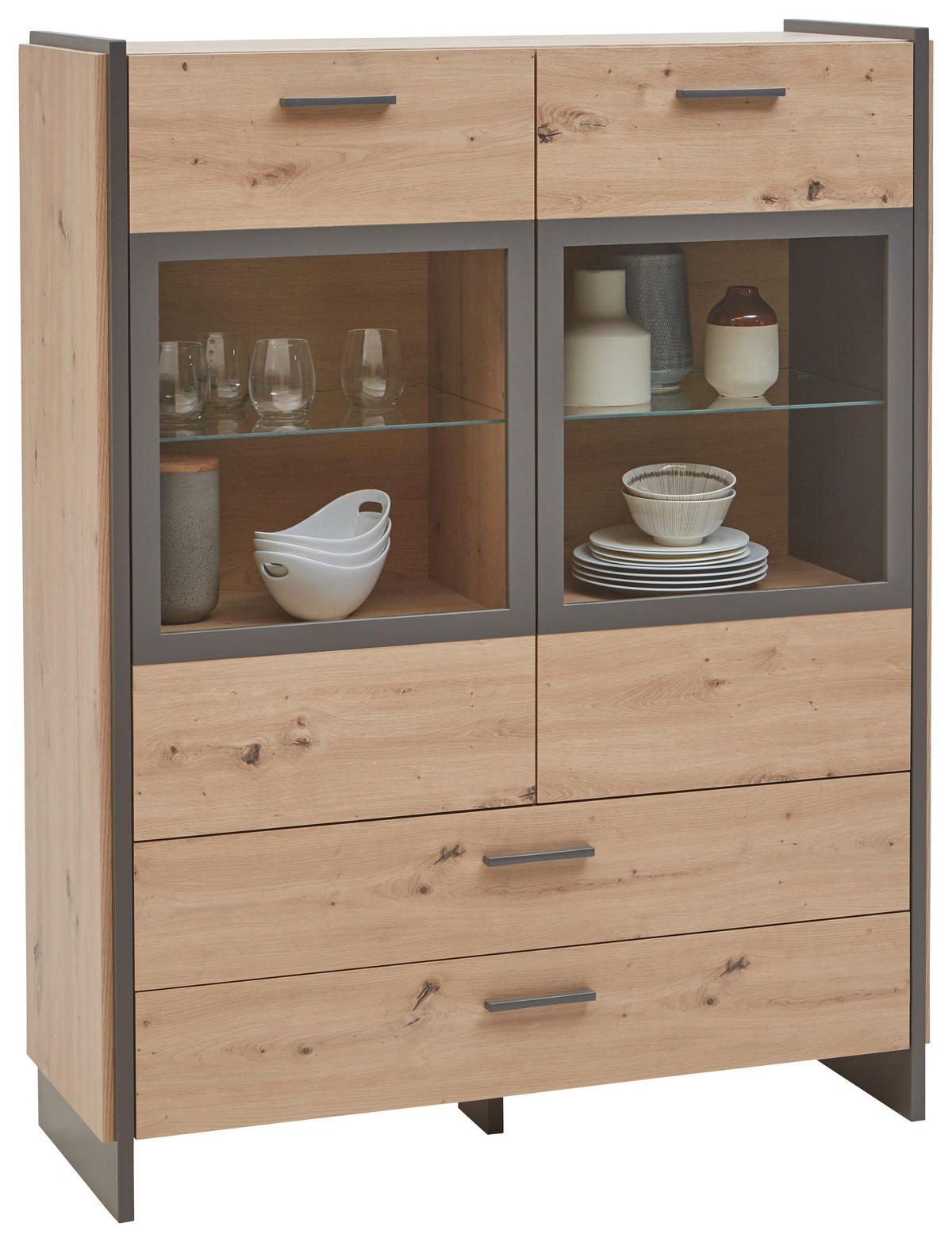 VISOKA KOMODA, hrast artisan  - siva/hrast artisan, Design, umetna masa/steklo (117/150/41cm) - Carryhome