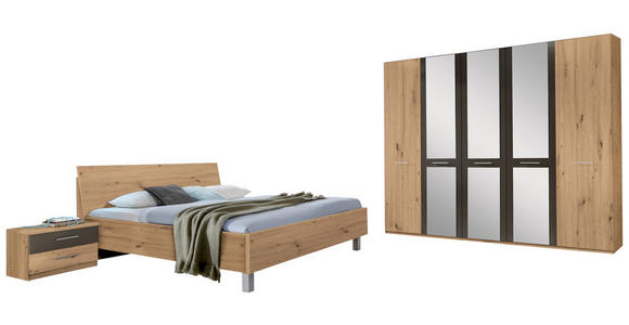 SCHLAFZIMMER 180/200 cm  in Eichefarben, Dunkelgrau  - Eichefarben/Dunkelgrau, KONVENTIONELL, Glas/Holzwerkstoff (180/200cm) - Xora