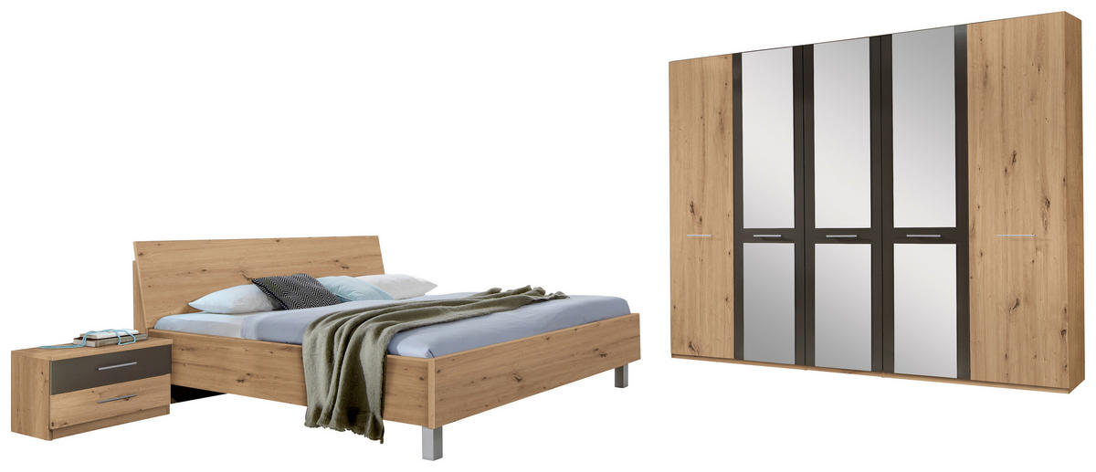LOŽNICE, barvy dubu, tmavě šedá - barvy dubu/tmavě šedá, Konvenční, kompozitní dřevo/sklo (180/200cm) - Xora