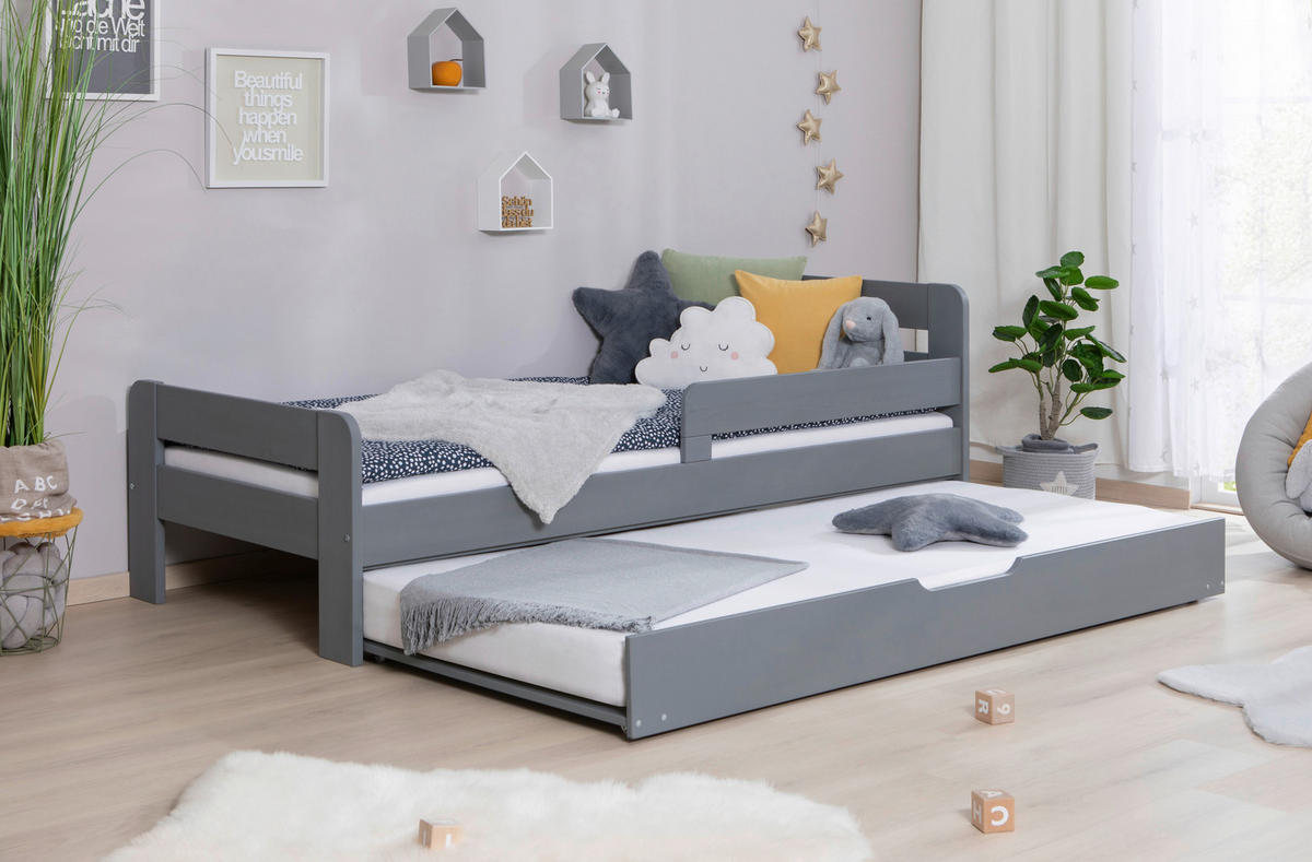 Bett Bennet mit Ausziehbett 90/200 cm Hellgrau  - Hellgrau, Modern, Holz (90/200cm) - MID.YOU
