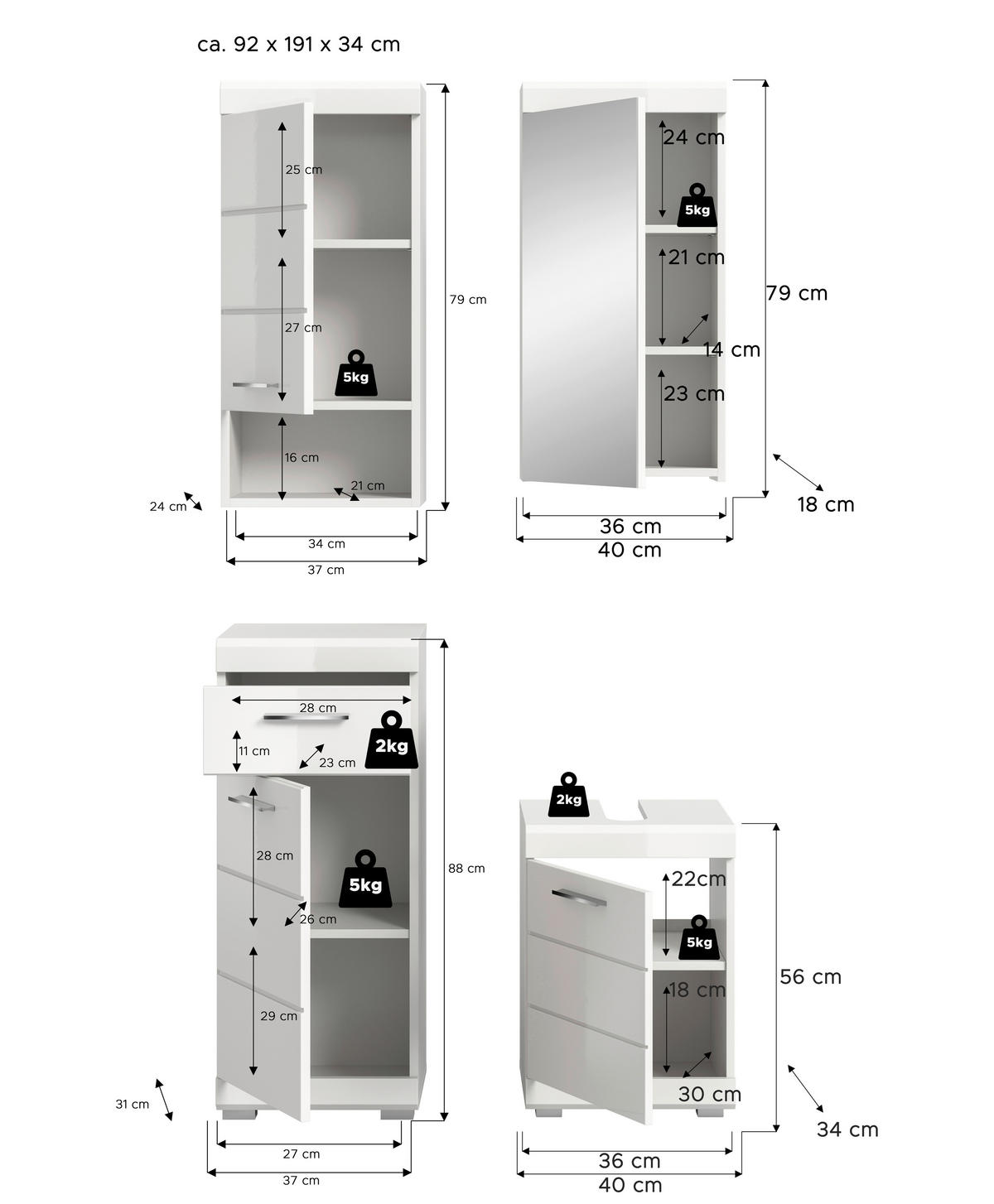 BADEZIMMER 4-teilig  in 92 cm  - Weiß Hochglanz/Silberfarben, Trend, Glas/Holzwerkstoff (92cm) - MID.YOU