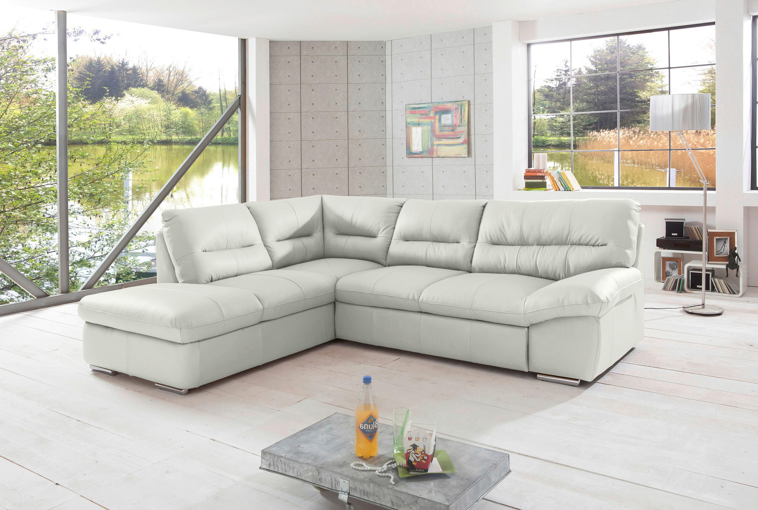 ECKSOFA in Echtleder Beige  - Chromfarben/Beige, Design, Leder/Metall (216/268cm) - Livetastic