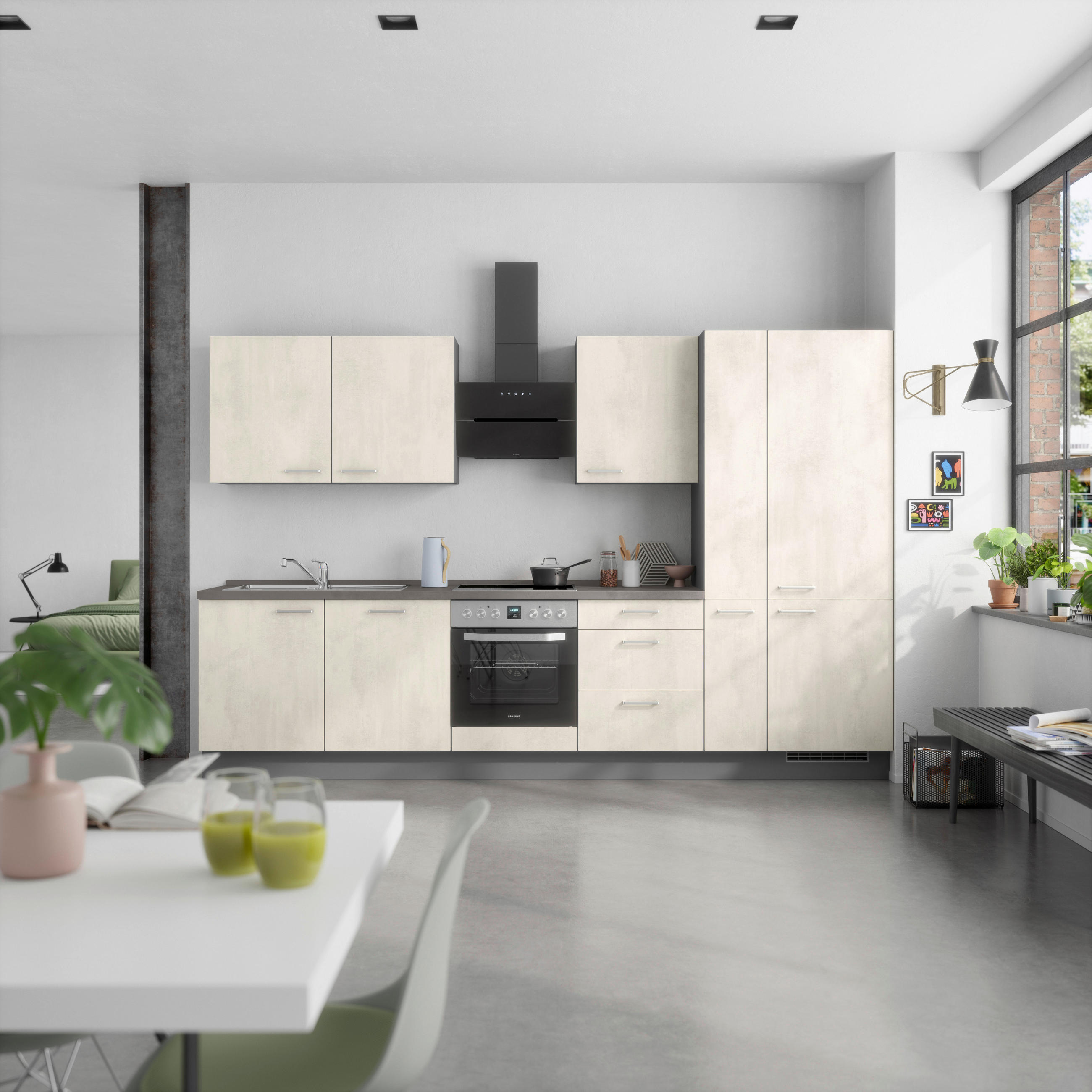 KÜCHENBLOCK Riva 330 cm  in Weiß, Schieferfarben  - Schieferfarben/Edelstahlfarben, MODERN, Holzwerkstoff/Metall (330cm) - Nobilia