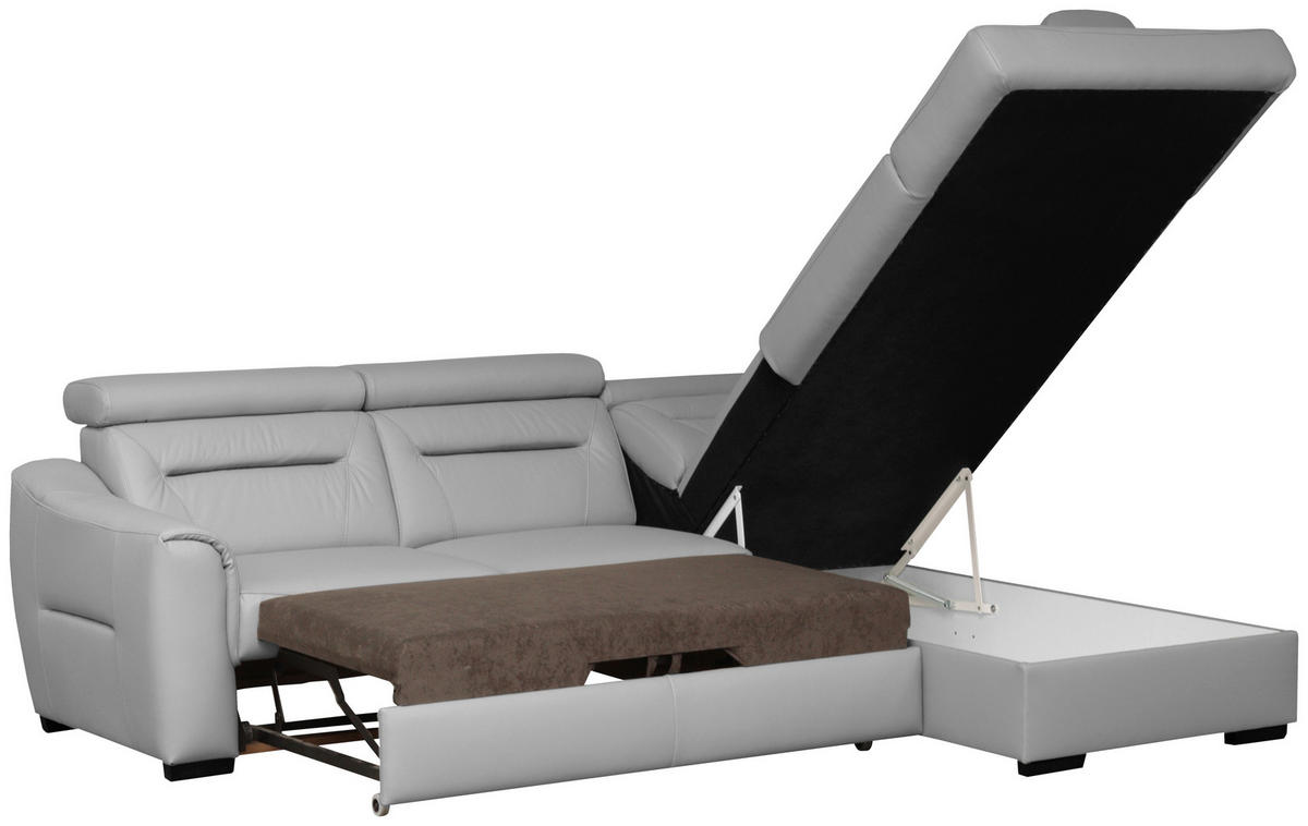 ECKSOFA  in Lederlook Echtleder Platinfarben  - Platinfarben/Wengefarben, Design, Leder/Holz (260/212cm) - Celina Home
