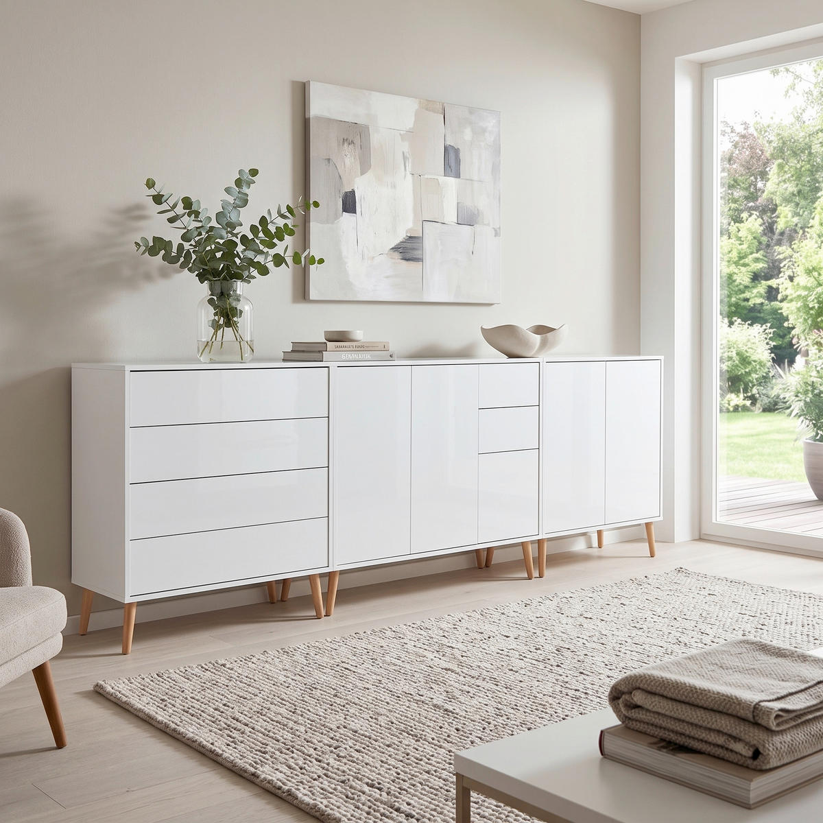 SIDEBOARD Mailand Set 7 + HF 263,5/86/33 cm 6 Schublade(n)  - Weiß Hochglanz/Weiß, MODERN, Holz/Holzwerkstoff (263,5/86/33cm) - MID.YOU