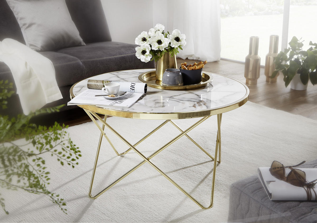 KLUBSKA MIZA, bela, zlate barve  - zlate barve/bela, Design, kovina/leseni material (85/85cm) - MID.YOU