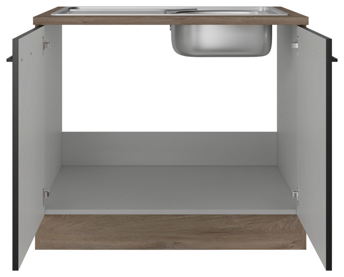 SPÜLENUNTERSCHRANK 100/85/57 cm  in Schwarz, Eichefarben  - Eichefarben/Schwarz, KONVENTIONELL, Holzwerkstoff/Metall (100/85/57cm) - FlexWell