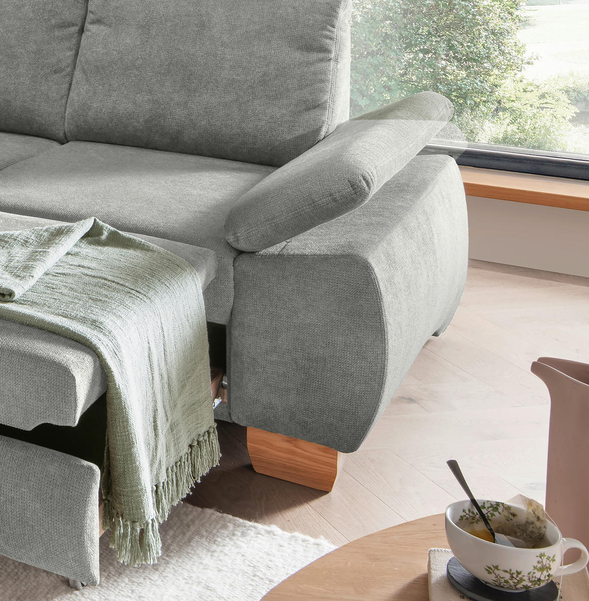 ECKSCHLAFSOFA  mit Liegefunktion, Rücken echt, Armteil rechts Chenille Grau  - Wildeiche/Grau, MODERN, Holz/Textil (206/261cm) - Livetastic