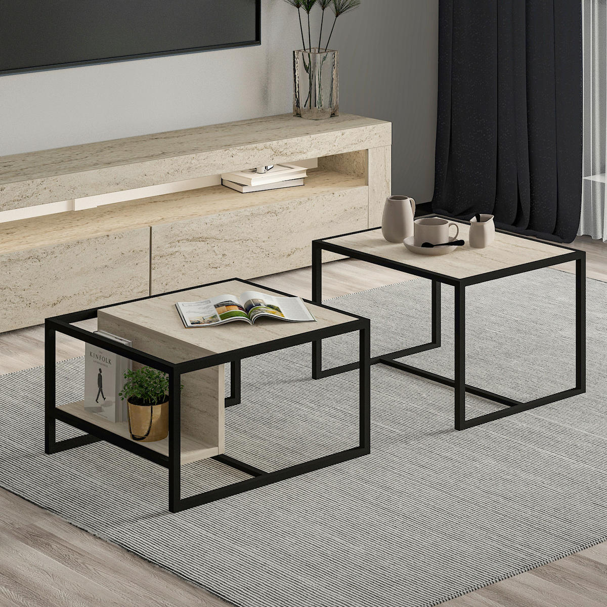 COUCHTISCHSET Bati Couchtisch Beige  - Beige/Schwarz, Design, Holzwerkstoff - Livetastic