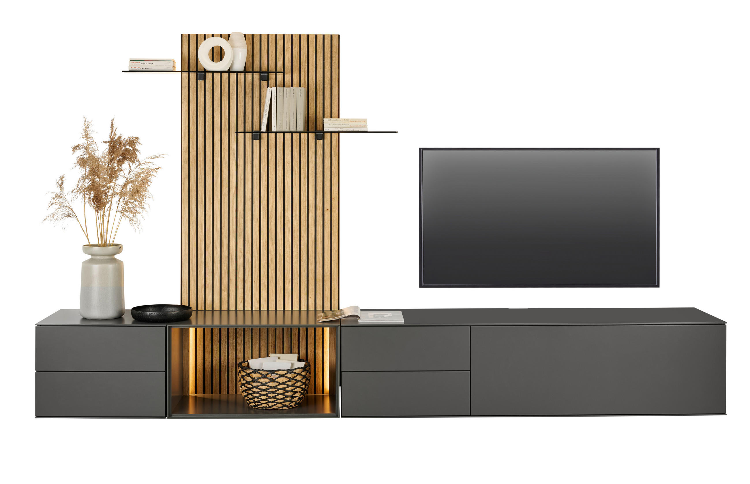 WOHNWAND  in Anthrazit, Eichefarben  321/160/50 cm  - Eichefarben/Anthrazit, Design, Glas/Holz (321/160/50cm) - Dieter Knoll