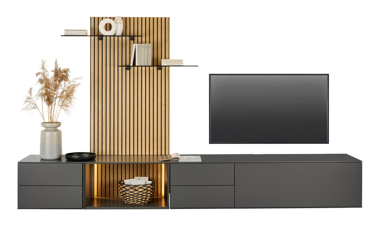 WOHNWAND  in Anthrazit, Eichefarben  321/160/50 cm  - Eichefarben/Anthrazit, Design, Glas/Holz (321/160/50cm) - Dieter Knoll