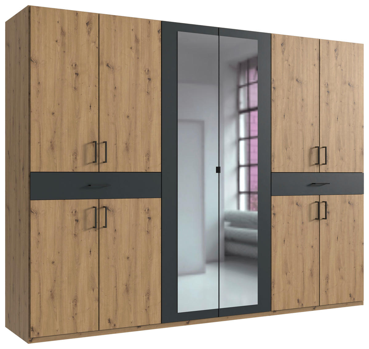 DREHTÜRENSCHRANK 270/208/58 cm,  in Graphitfarben, Eiche Artisan, 10-türig  - Graphitfarben/Schwarz, KONVENTIONELL, Glas/Holzwerkstoff (270/208/58cm) - Boxxx