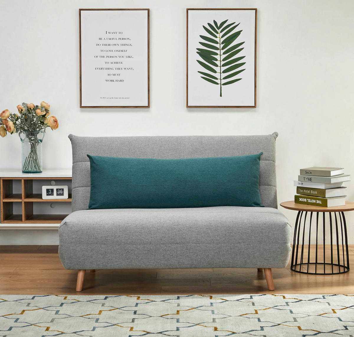 SCHLAFSOFA Webstoff Grau  - Blau/Naturfarben, MODERN, Holz/Kunststoff (125/84/91cm) - Livetastic