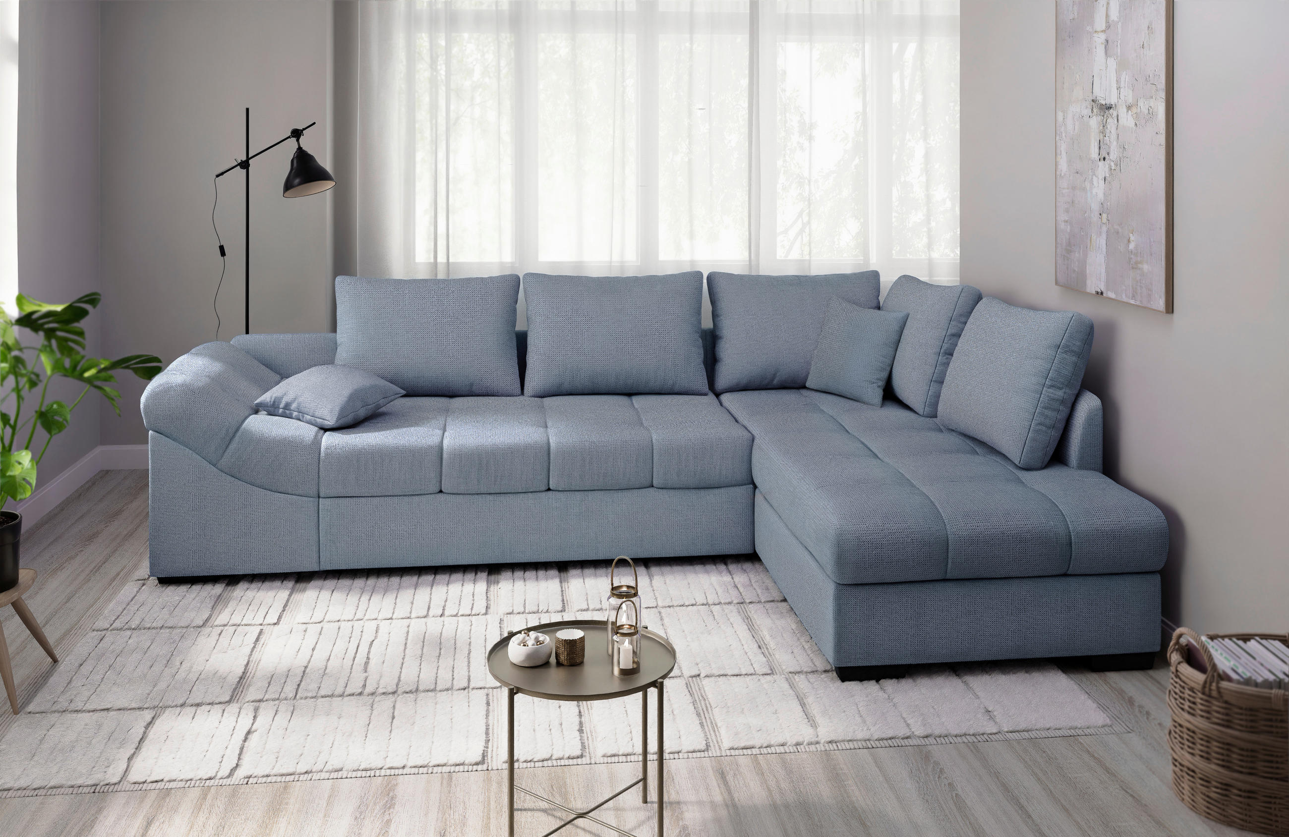 ECKSCHLAFSOFA Hellblau Chenille  - Schwarz/Hellblau, MODERN, Holz/Textil (298/202cm) - MID.YOU