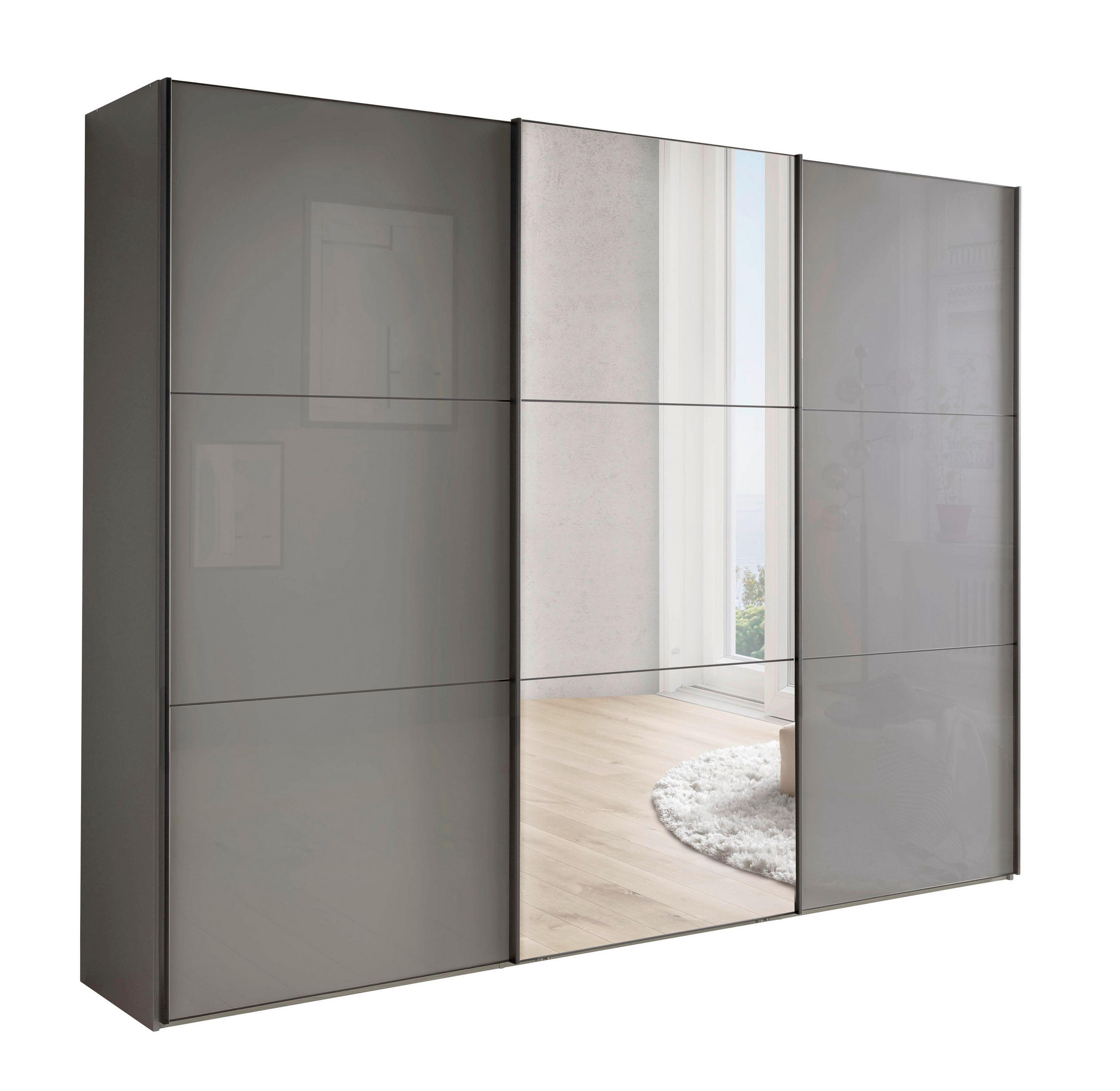 SCHWEBETÜRENSCHRANK 280/236/67 cm,  in Lavagrau, 3 Tür(en)  - Lavagrau/Schwarz, MODERN, Glas/Holzwerkstoff (280/236/67cm) - Chameo