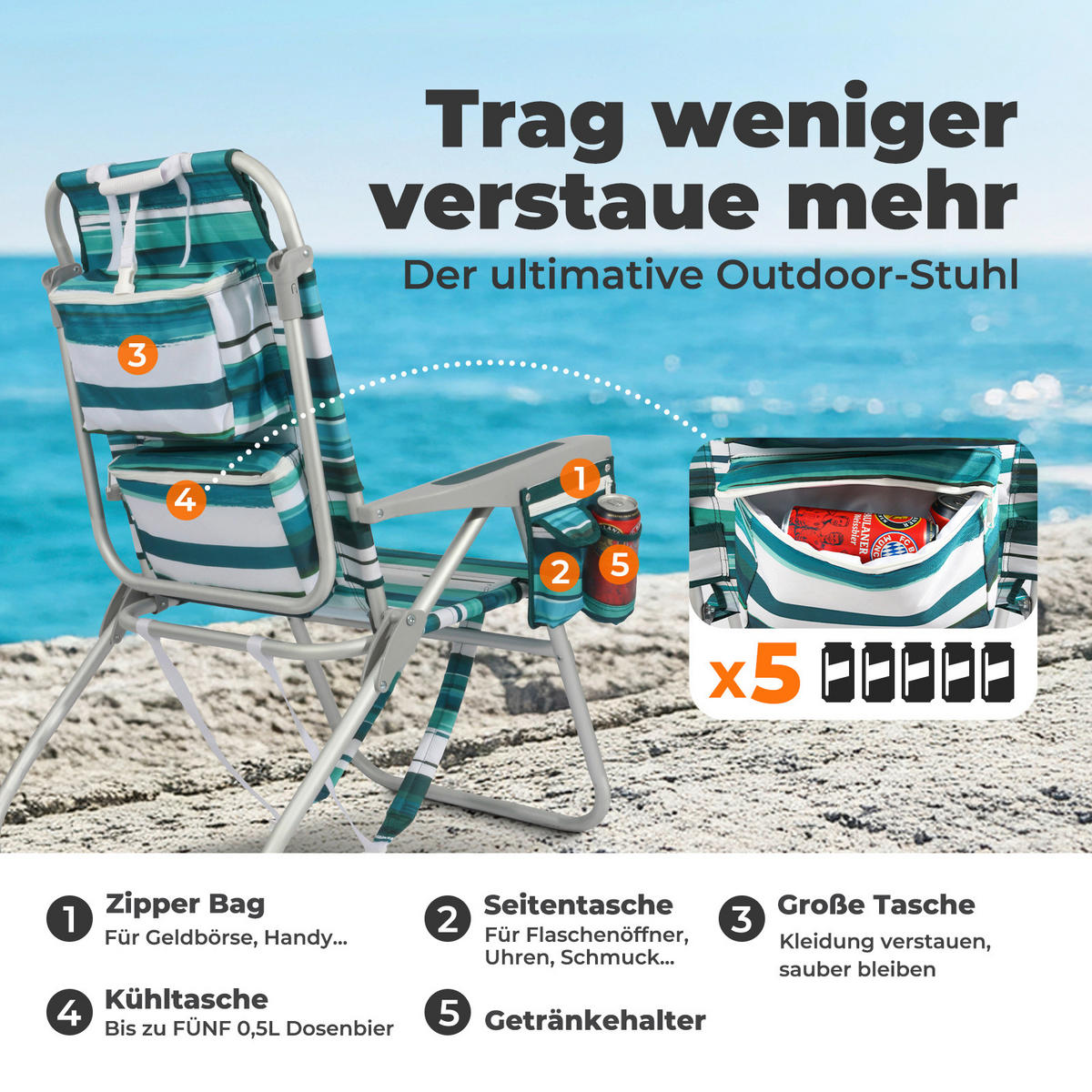 STRANDSTUHL Aluminium Grün, Türkis  - Türkis/Grün, Basics, Textil/Metall (57/90/76cm) - Modante