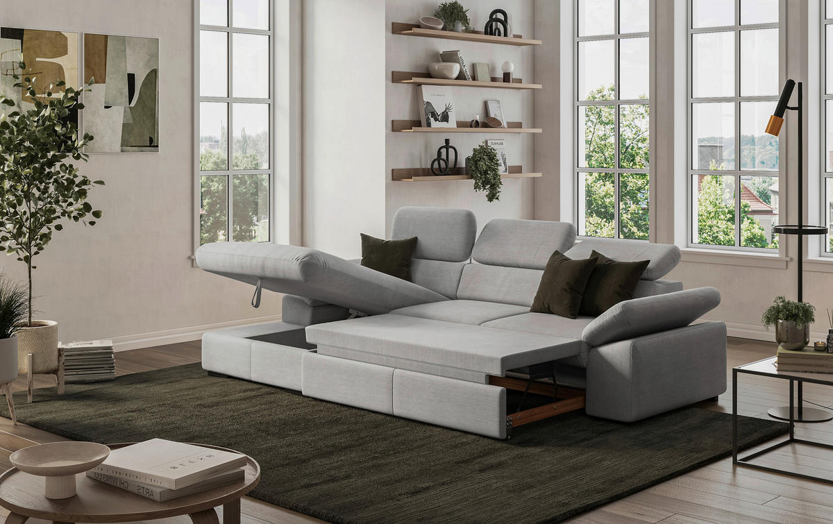 ECKSOFA in Flachgewebe Hellgrau  - Hellgrau/Schwarz, Design, Kunststoff/Textil (165/250cm) - Livetastic