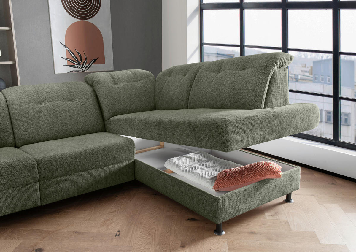 ECKSOFA in Chenille Dunkelgrün  - Dunkelgrün/Schwarz, Modern, Textil/Metall (270/198cm) - Livetastic