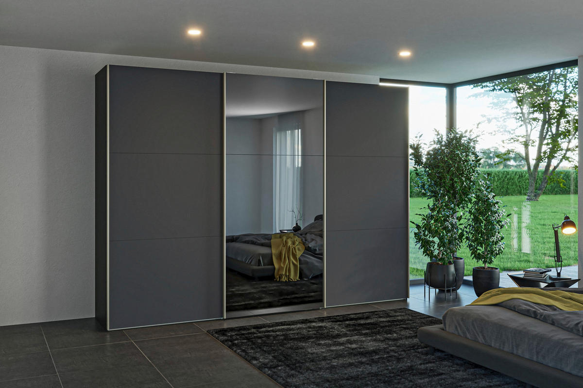 SCHWEBETÜRENSCHRANK 303/220/65 cm 3-türig Anthrazit, Schwarz  - Edelstahlfarben/Anthrazit, Design, Glas/Holzwerkstoff (303/220/65cm) - Jutzler