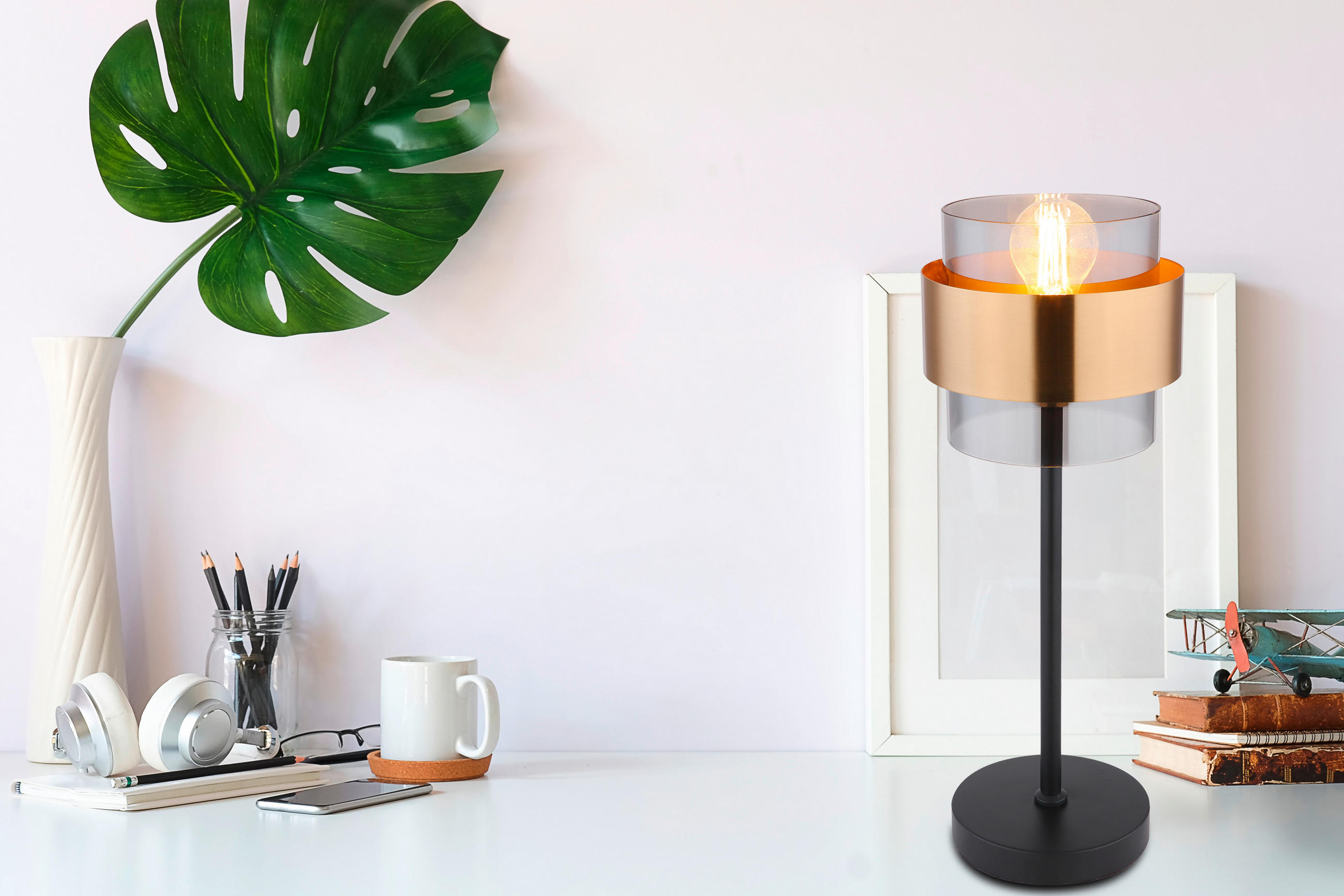 TISCHLEUCHTE - Klar/Messingfarben, Design, Glas/Metall (18/47cm) - Globo