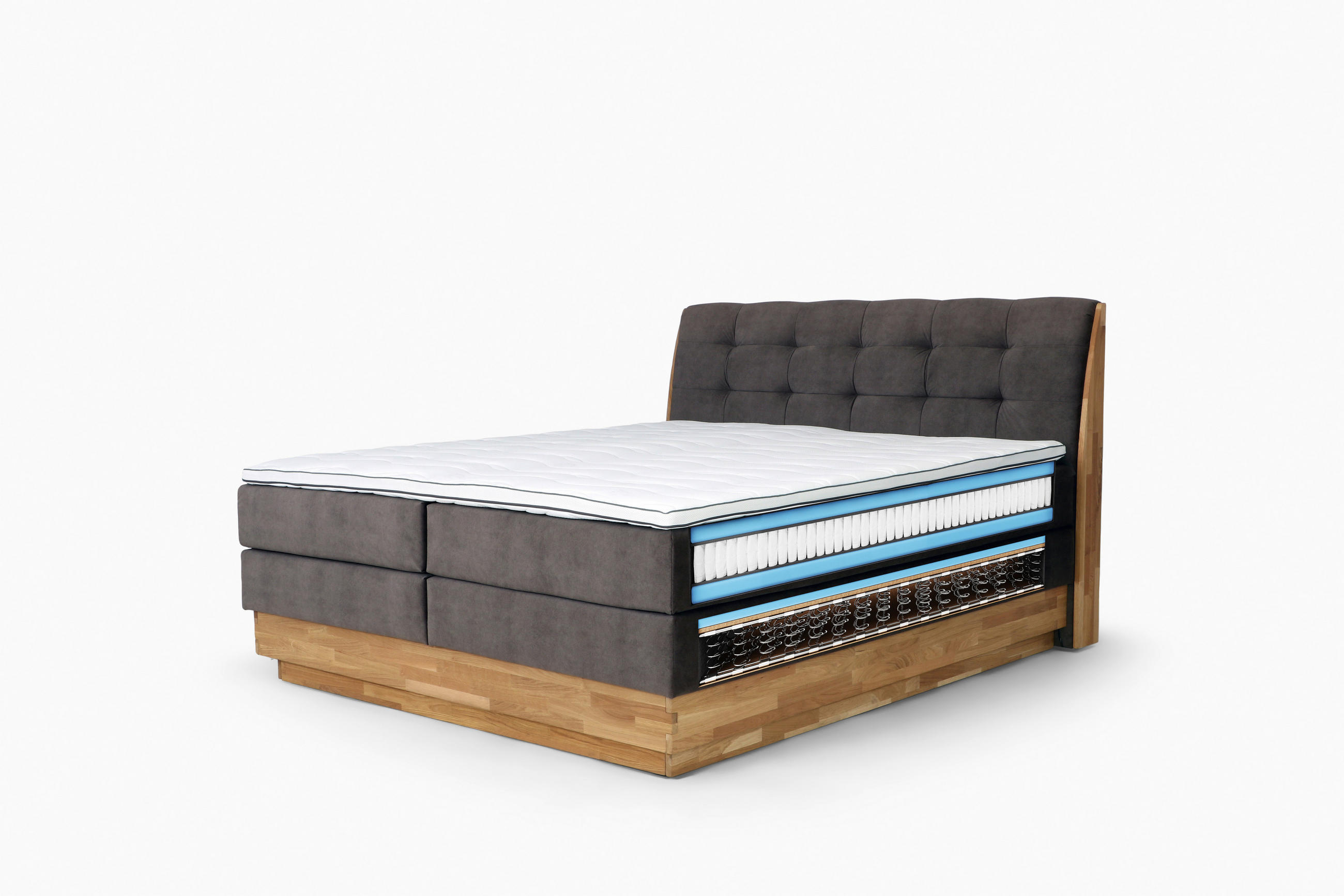 Thumbnail - Boxspringbett, Creme, Textil, Eiche, massiv, H2 + H4, Höhe ca. 20 cm, 160x200 cm, Fsc, Bettkasten, Matratze, gepolsterte...