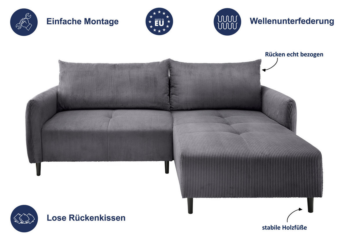 ECKSOFA in Cord Koralle  - Koralle/Schwarz, Basics, Holz/Textil (238/174cm) - Livetastic