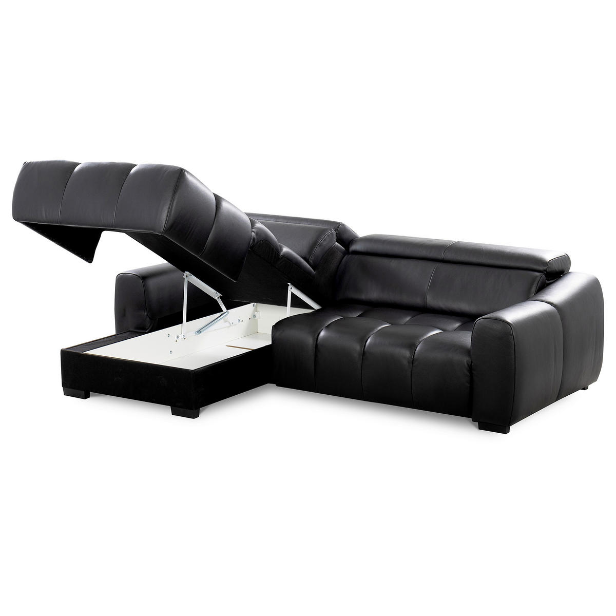 ECKSOFA AVEIRO Schwarz Echtleder Bettkasten, Kopfteilverstellung, Sitzvorzug  - Schwarz, Design, Leder/Kunststoff (177/274cm) - Livetastic
