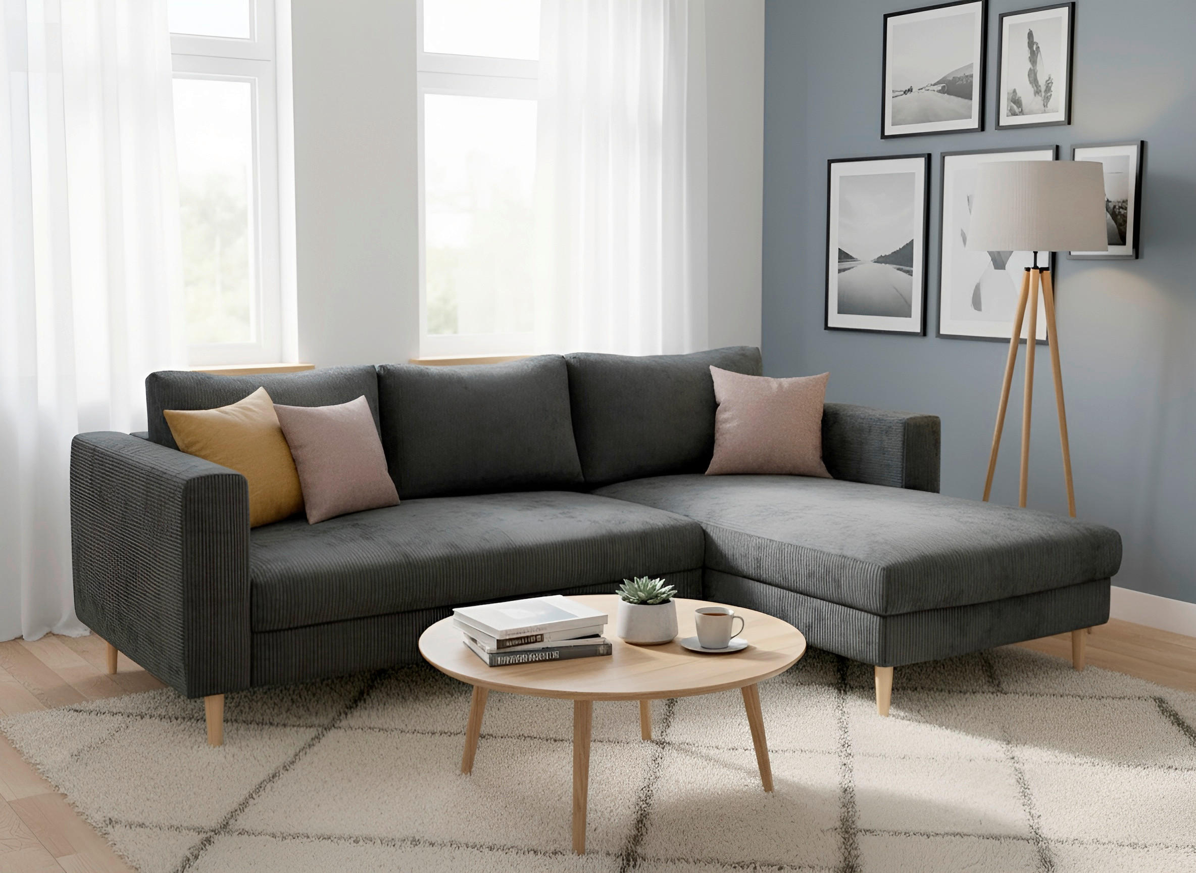 ECKSCHLAFSOFA  mit Rücken echt, Armteil links, Armteil rechts Cord Dunkelgrau  - Dunkelgrau/Buchefarben, MODERN, Holz/Textil (232/161cm) - Trendmanufaktur