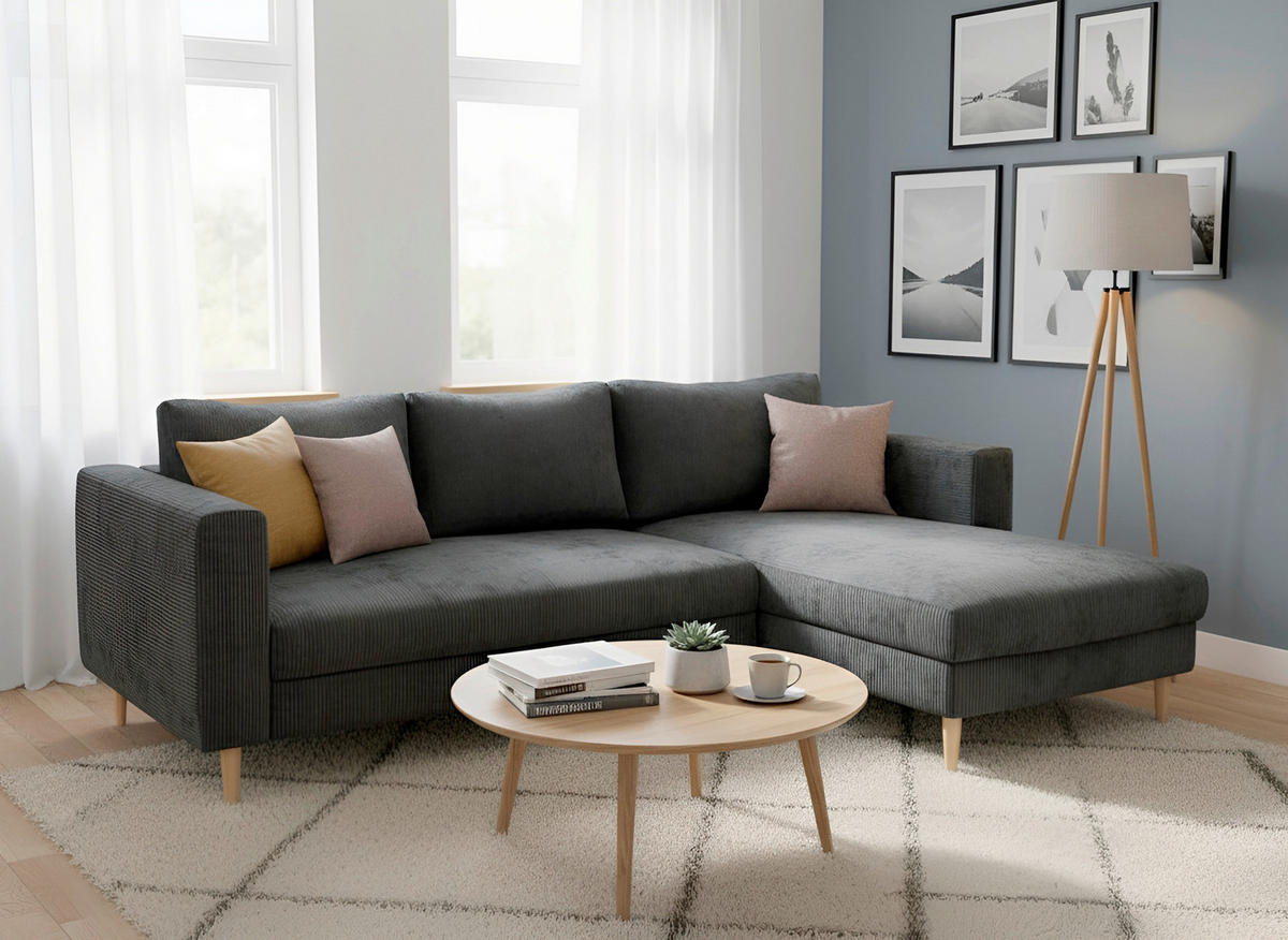 ECKSCHLAFSOFA  mit Rücken echt, Armteil links, Armteil rechts Cord Dunkelgrau  - Dunkelgrau/Buchefarben, MODERN, Holz/Textil (232/161cm) - Trendmanufaktur