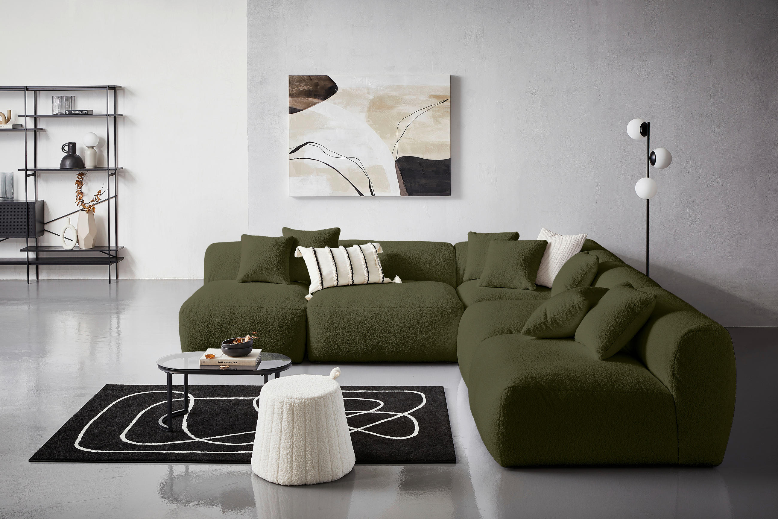 ECKSOFA in Flachgewebe, Teddystoff Olivgrün - Olivgrün, Trend, Textil (300/315cm) - Livetastic