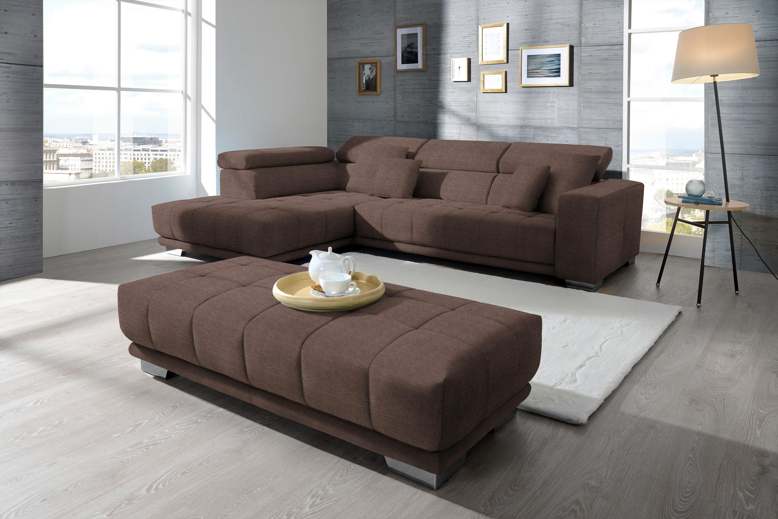 ECKSOFA in Mikrofaser Hellbraun  207/301 cm  - Chromfarben/Hellbraun, Design, Textil/Metall (207/301cm) - Xora