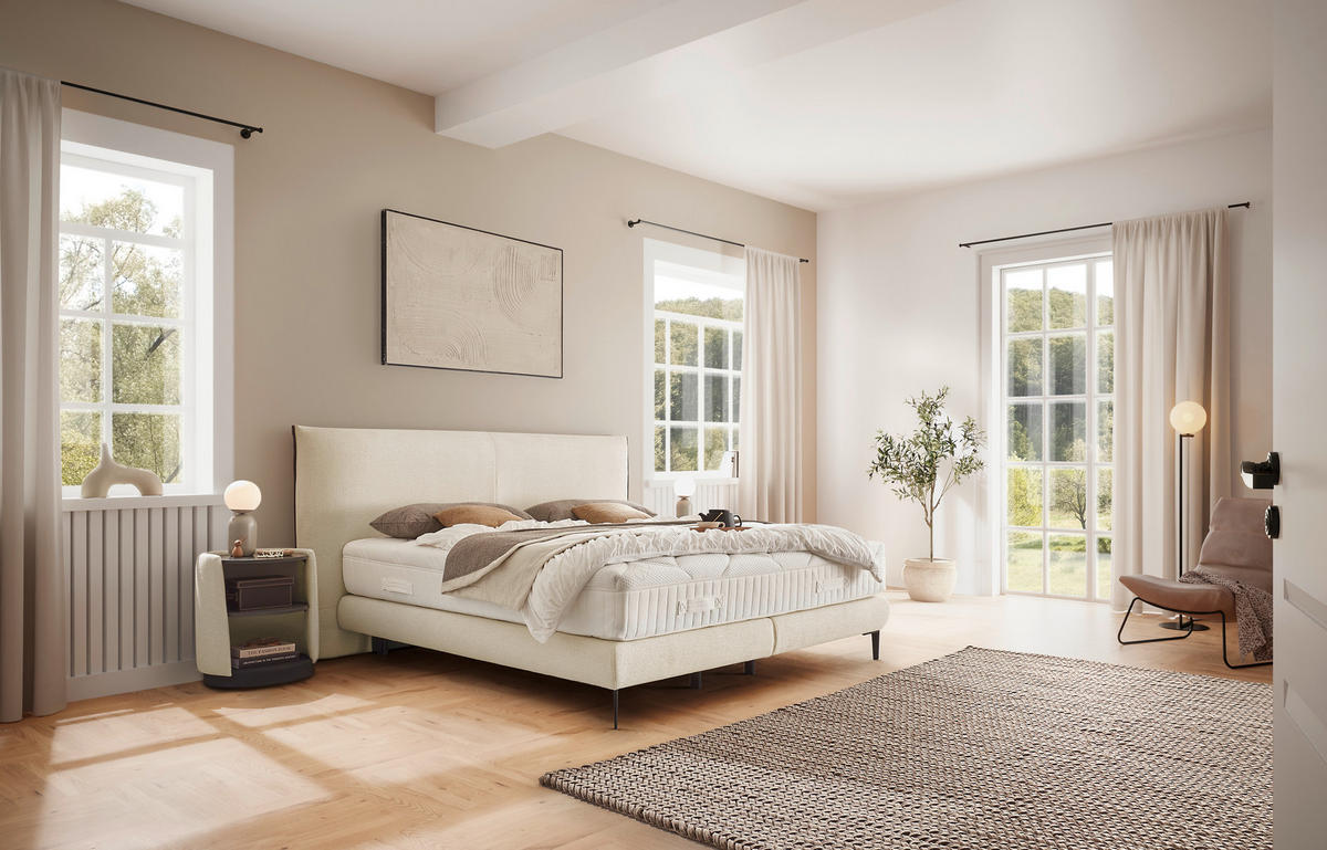 BOXSPRINGBETT 180/200 cm,  in Creme, Matratze, gepolstertes Kopfteil, H2 + H3 = mittel + fest  - Creme/Schwarz, Design, Textil/Metall (180/200cm) - Dieter Knoll